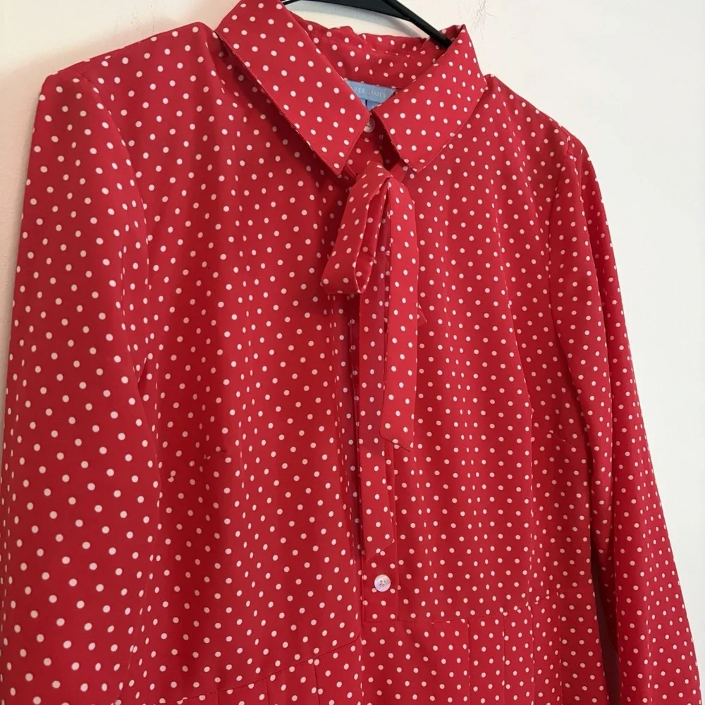 Draper James Midi Dress Sz 8 Red Polka Dot Longsleeve‎ Pleats Retro Vintage Vibe